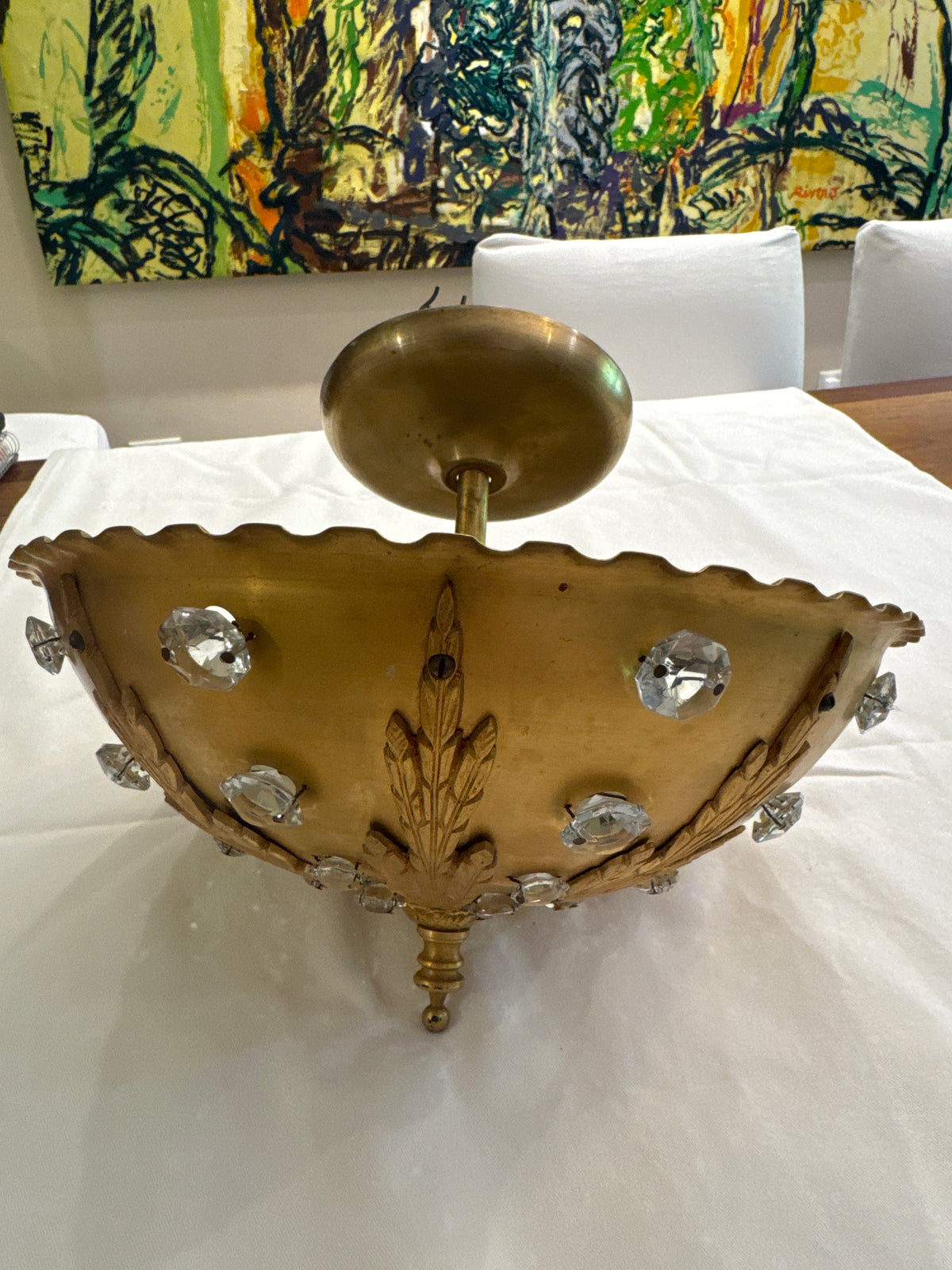 Gilt Brass Flush-Mount Ceiling Lamp with Crystal Accents – Ornate Neoclassical Design 1960s