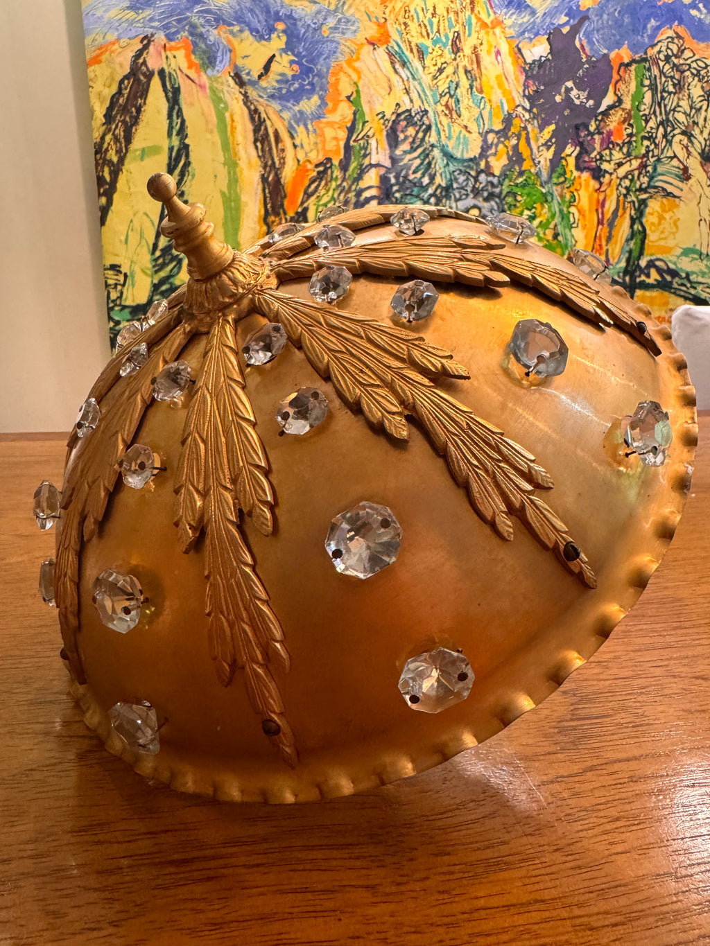 Gilt Brass Flush-Mount Ceiling Lamp with Crystal Accents – Ornate Neoclassical Design 1960s