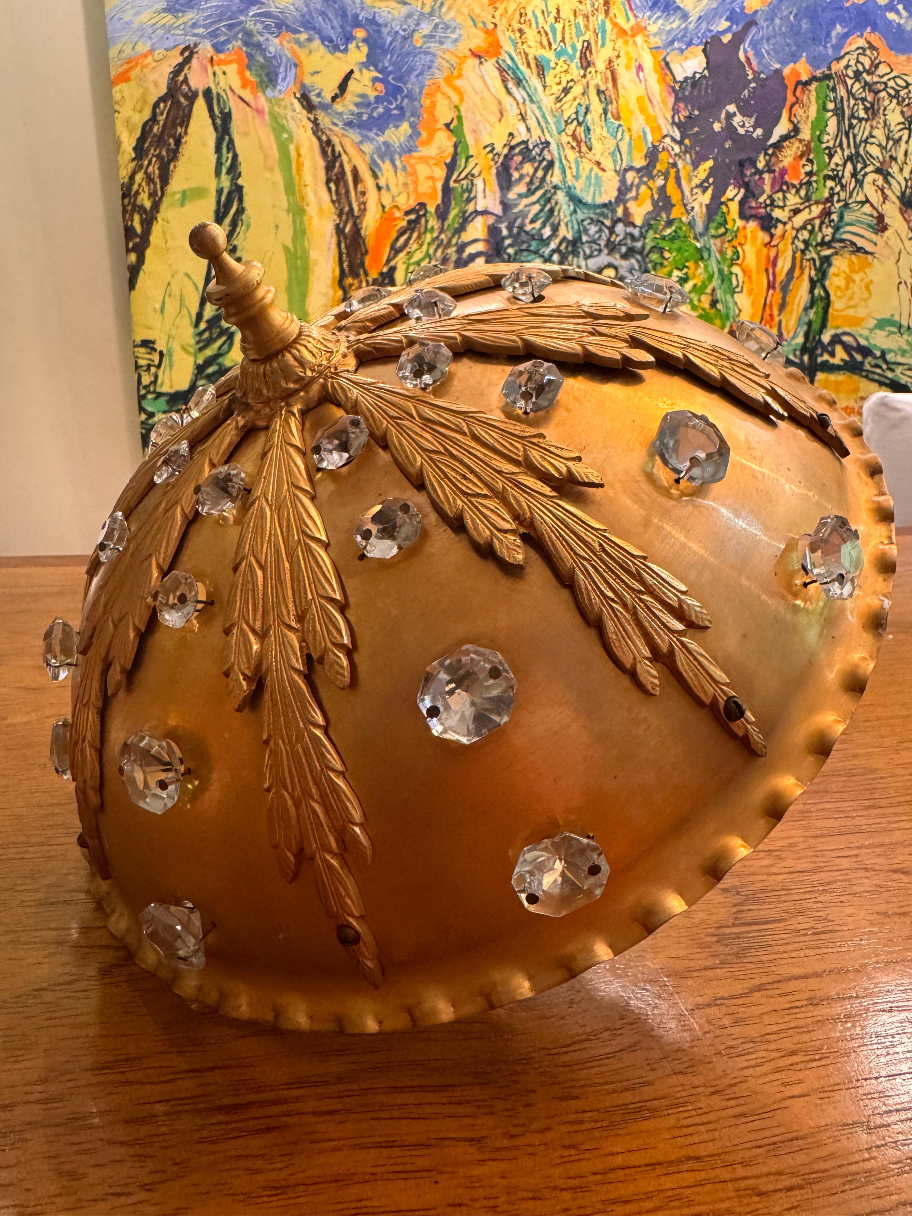 Gilt Brass Flush-Mount Ceiling Lamp with Crystal Accents – Ornate Neoclassical Design 1960s