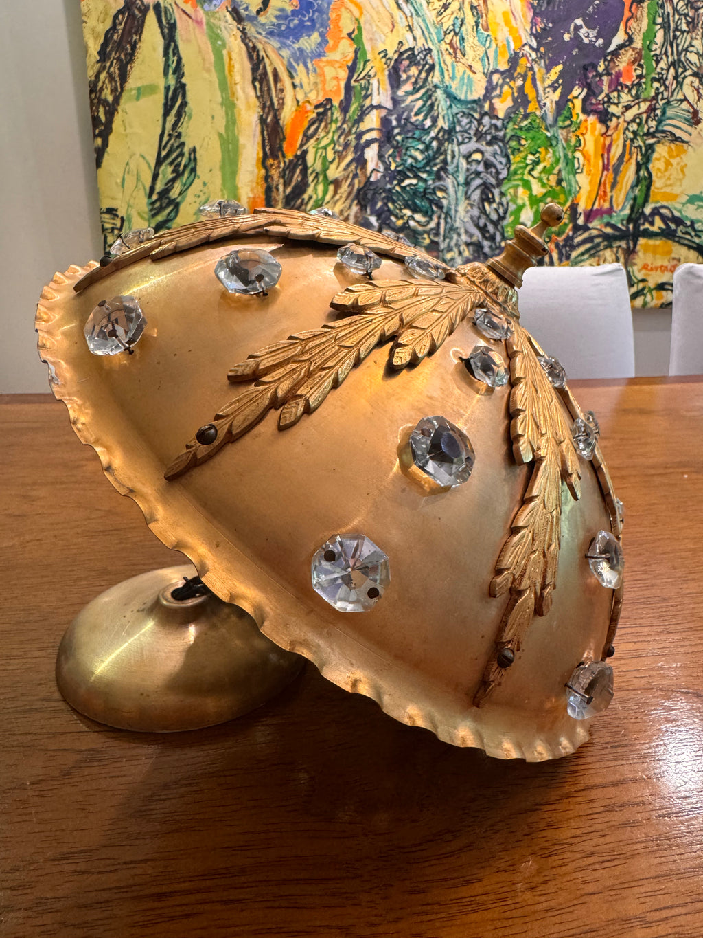 Gilt Brass Flush-Mount Ceiling Lamp with Crystal Accents – Ornate Neoclassical Design 1960s
