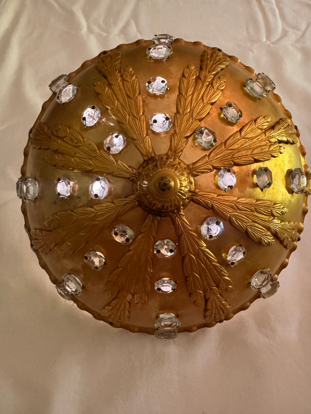 Gilt Brass Flush-Mount Ceiling Lamp with Crystal Accents – Ornate Neoclassical Design 1960s