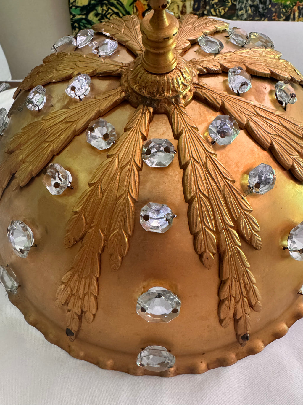 Gilt Brass Flush-Mount Ceiling Lamp with Crystal Accents – Ornate Neoclassical Design 1960s