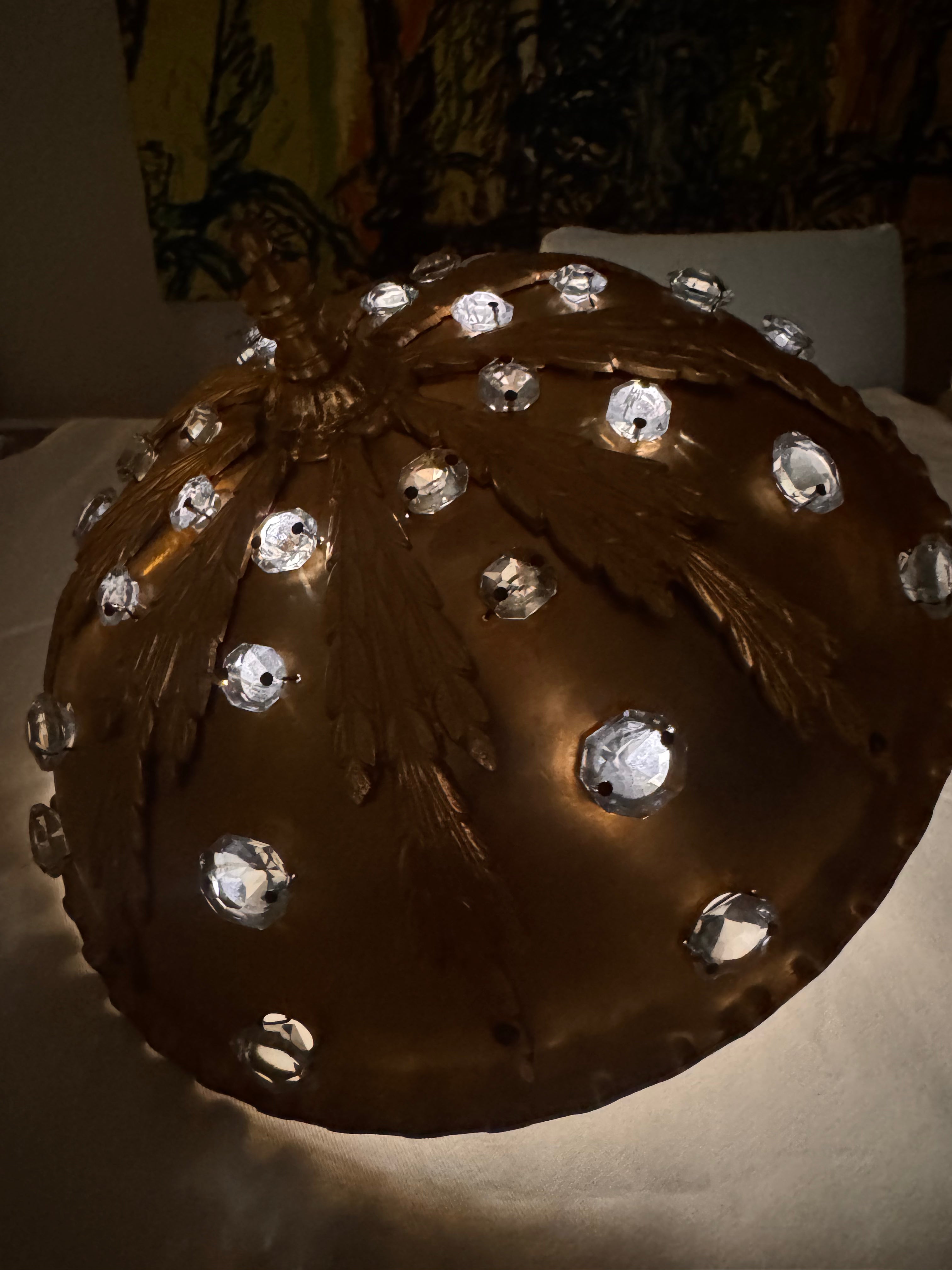 Gilt Brass Flush-Mount Ceiling Lamp with Crystal Accents – Ornate Neoclassical Design 1960s